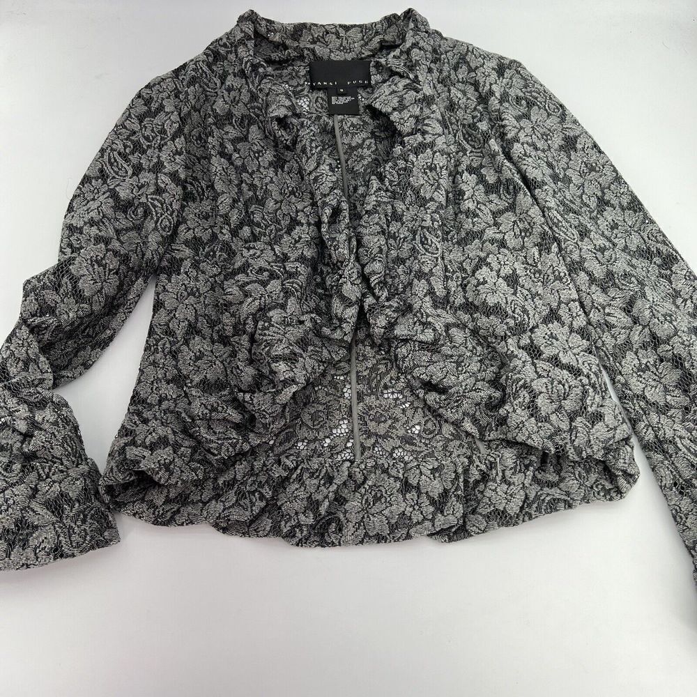 Yansi Fugel Jacket Women's Size 8 Gray Metallic Fringe Crochet Blazer